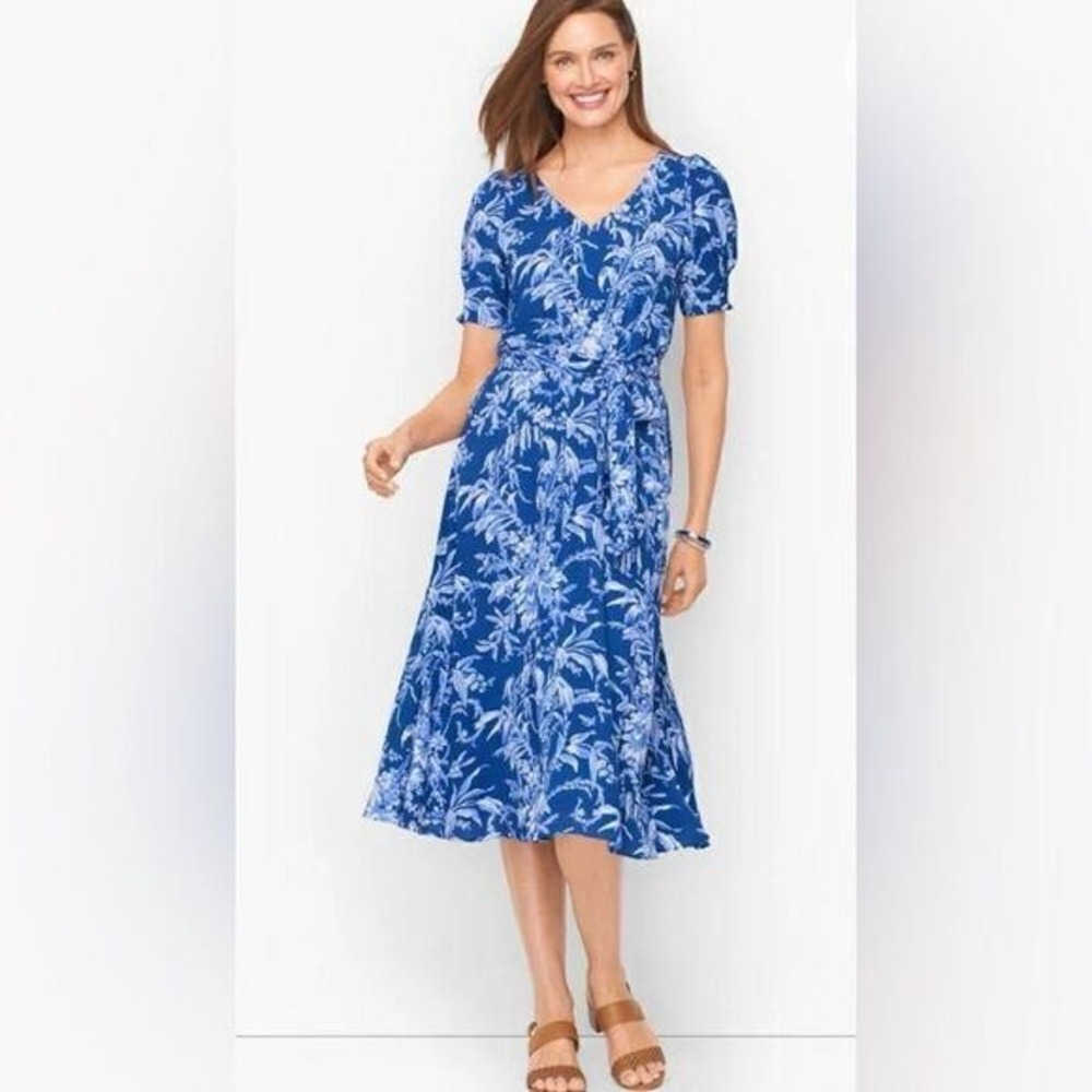 Talbots Dress NWT Etched Toile Short Sleeve V Neck Womens 2 Blue